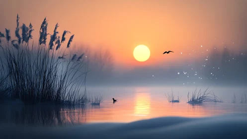 Digital painting dusk wetland with mist, reeds, and fauna.