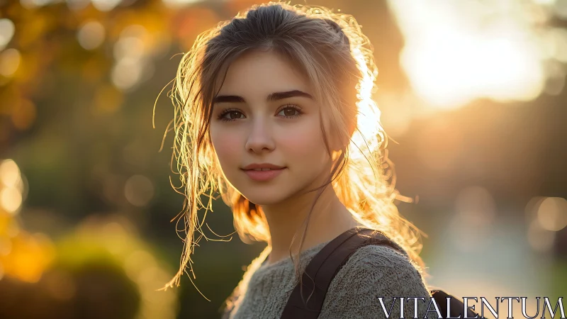 Young woman stands outdoors in warm sunset backlight glow
