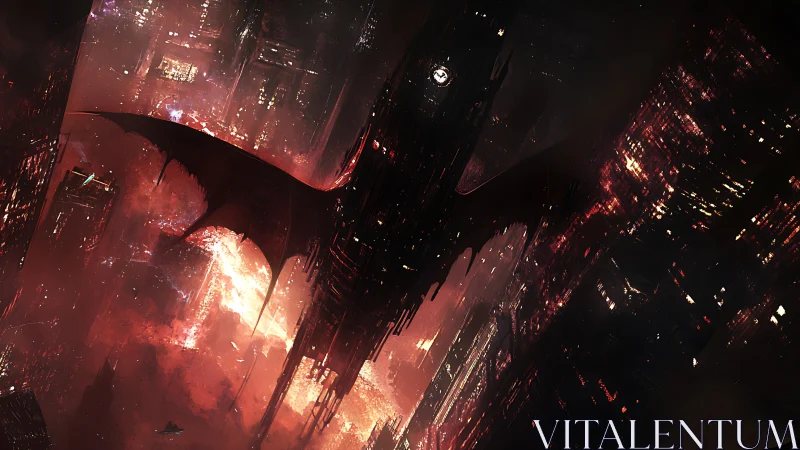 Infernal sky-city cleaved by a colossal demonic shadow.