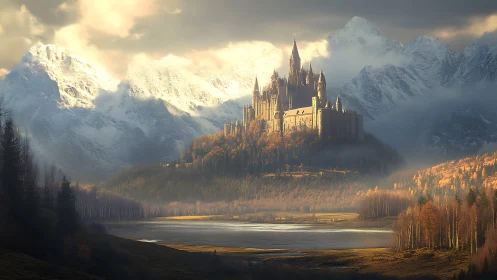 Castle complex above autumn forest in alpine mountain valley.