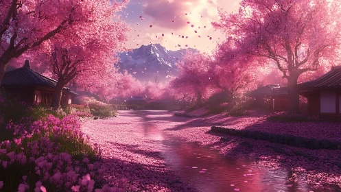 Sunlit cherry blossom river corridor with distant alpine mountain