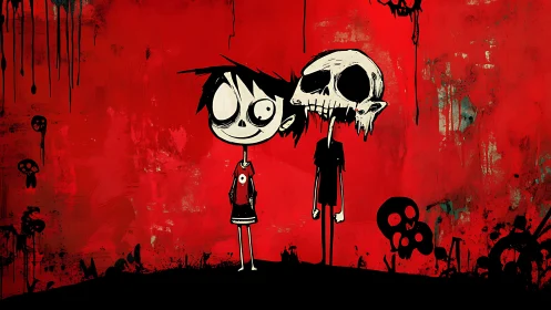 Cartoon child and skull figure on distressed red field.