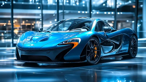 Midnight blue hypercar prowls a glass-lit urban showroom stage