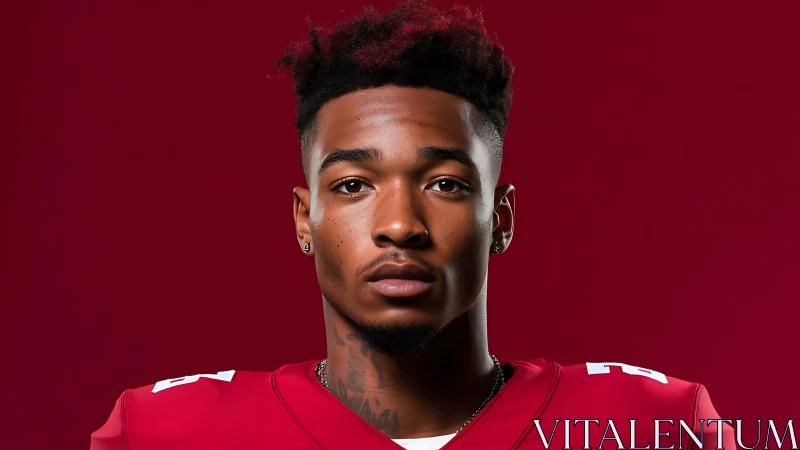 Focused football player portrait in bold crimson uniform.
