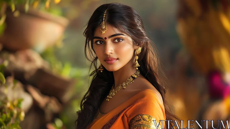 Portrait of elegant woman in saffron saree and gold jewelry.