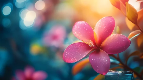 Vibrant Pink Flower with Dew Drops in Warm Light.