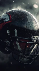 Rain-soaked football helmet under dramatic stadium lights.