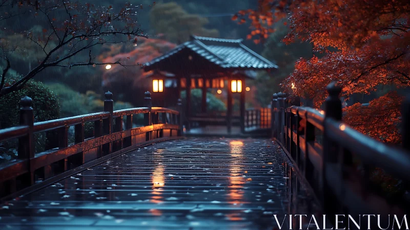 Soft rain glows over a lantern lit bridge in a quiet garden