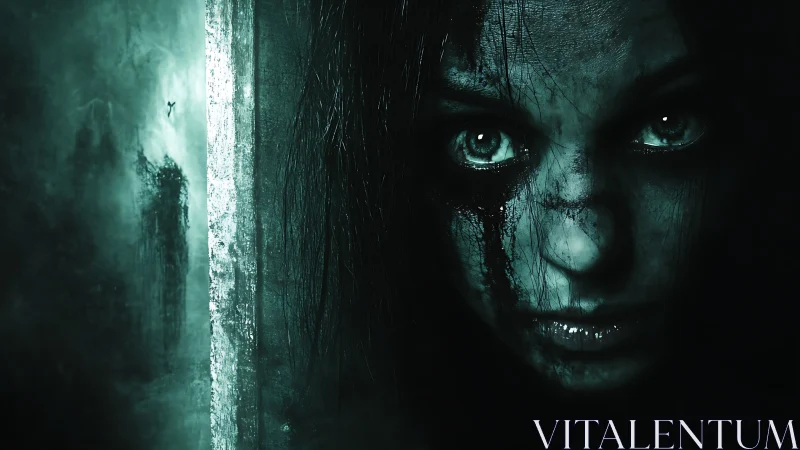 Haunting close-up portrait in cyan-tinted horror chiaroscuro