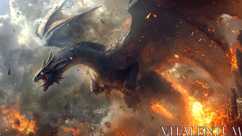 Storm of embers around rampaging fire dragon in battle.