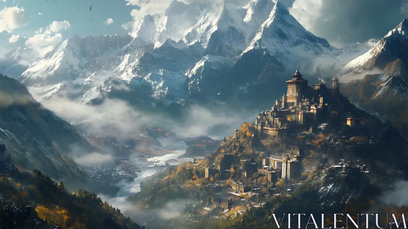 Mountain citadel leans into clouds while rivers sketch silver paths