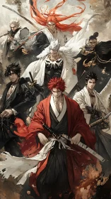 Stormbound samurai brotherhood strides through swirling embers.