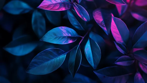 Neon blue and magenta leaves under moody low key lighting.
