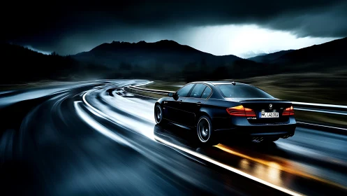 BMW sedan on wet mountain highway with dynamic motion blur.