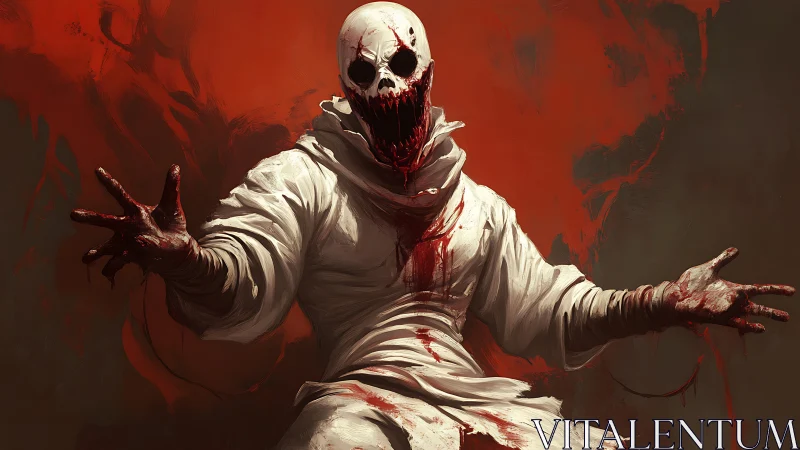 Skull-faced horror entity in blood-soaked white robes emerges.