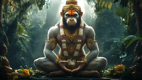 Divine monkey deity meditates in a sunlit jungle sanctuary