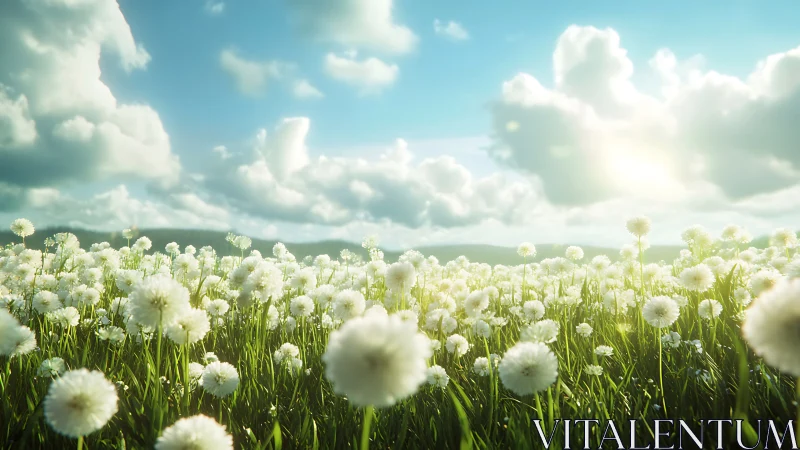 Sunlit Dandelion Sea Under Roaming Storybook Clouds.