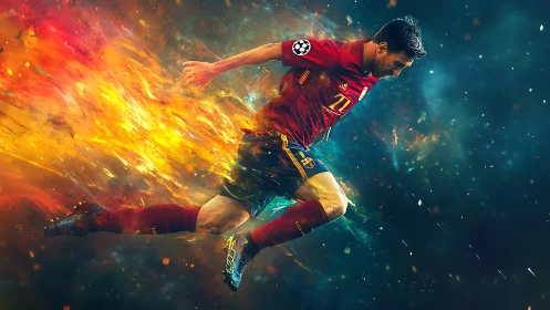Dynamic soccer player sprinting in fiery digital motion art.