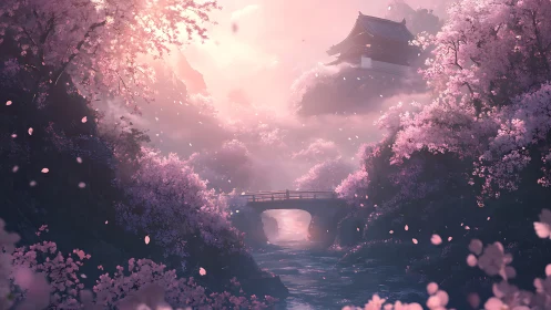 Sakura valley bridge under ethereal sunset mist glow.