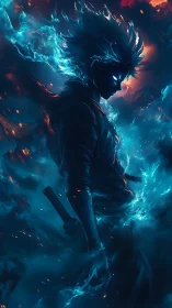 Energetic swordsman silhouette wreathed in blue spectral flame