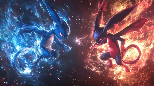 Elemental twin beasts collide in swirling fire and water storm.