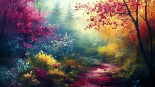 Enchanted Forest Pathway: Chromatic Gradient Landscape with Luminous Foliage