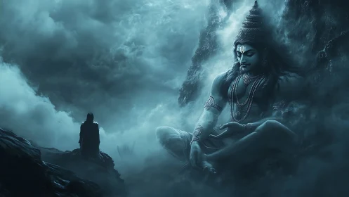 Large meditating deity figure in misty mountain environment.