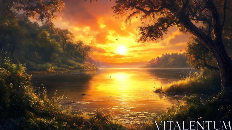 Radiant river sunset beneath sprawling woodland canopy.