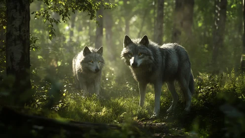 Two grey wolves stand in dappled light within dense forest