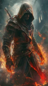Hooded armored figure with sword amid fire and smoke.