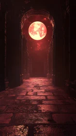 Stone corridor under large red moon in arched ruins.