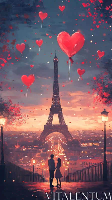 Parisian Romance: Heart Balloons Float Above Eiffel Tower at Sunset.