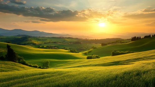 Sunlit rolling hills glow under warm golden horizon sky.