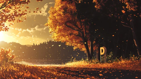 Golden autumn lake path glows under low evening sun