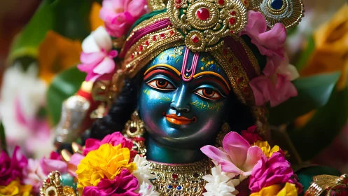 Radiant blue deity idol glows amid flowers and gold adornment