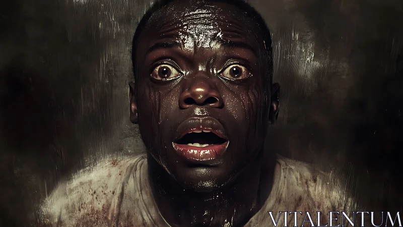 Photorealistic horror close-up portrait with dramatic lighting.