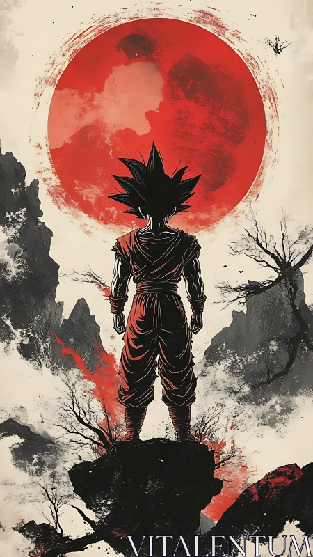 Solitary warrior studies a burning moon over shattered peaks