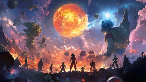 Cosmic warriors confront burning planet over shattered horizon