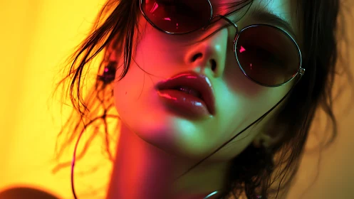 Neon lit close up portrait with reflective round sunglasses.