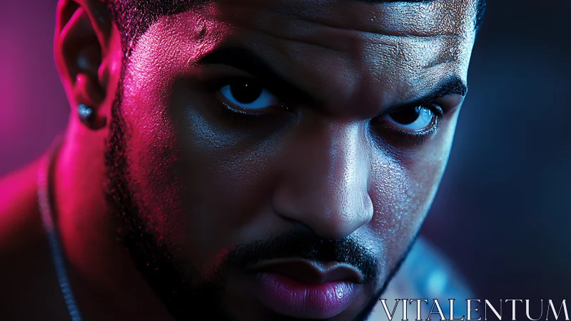 Intense neon-lit portrait under dramatic colored gels.