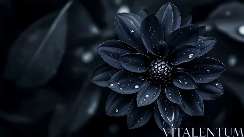 Black dahlia flower with water droplets on dark background
