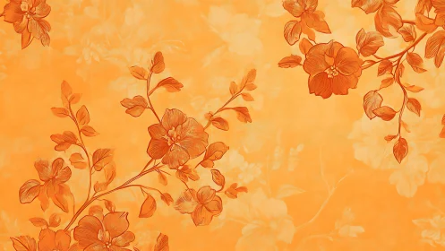Orange floral branches overlay warm monochrome backdrop.