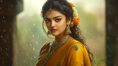 Digital portrait woman in yellow saree under soft rain.