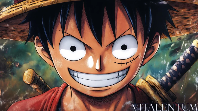 Grinning straw hat boy stares ahead with intense anime focus