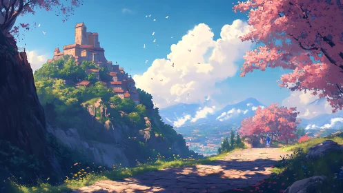 Hilltop fortress settlement above valley with spring trees.