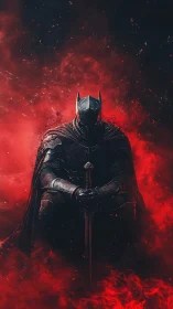 Shadow knight broods in crimson smoke and silent embers.