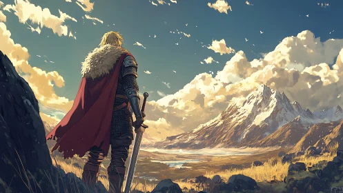 Armored warrior surveys distant snowcapped mountain valley