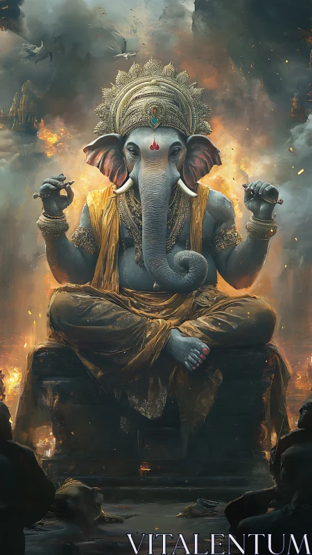 Majestic elephant deity meditating within embers of storm.