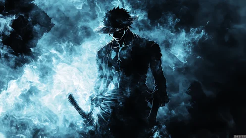 Smokeborne swordsman strides from the neon-shadowed void