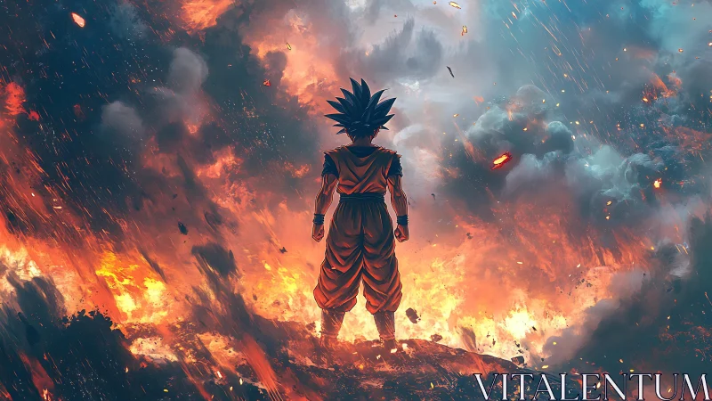 Saiyan warrior faces molten sky over burning battlefield.